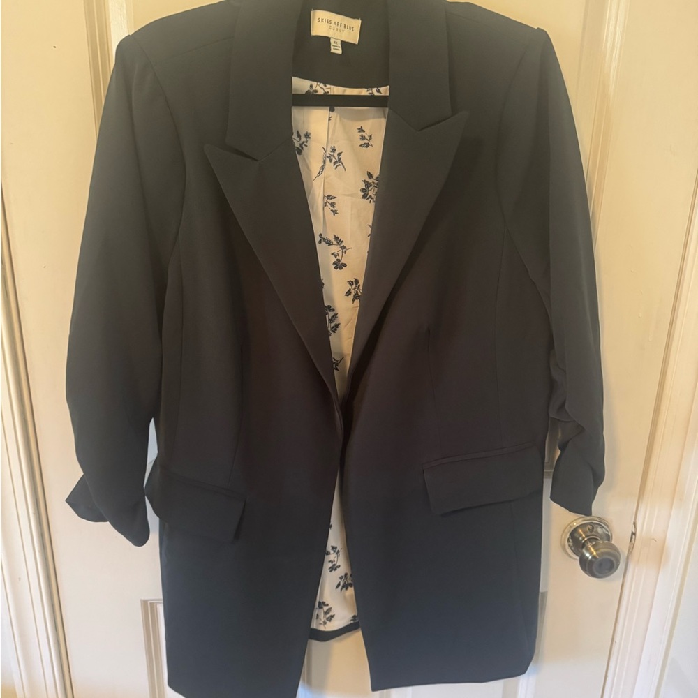 Teal Plus Size Long Blazer with Floral Lining